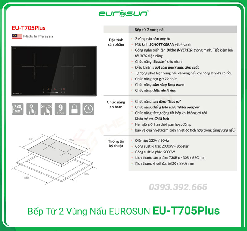 Thông số kỹ thuật bếp từ Eurosun EU-T705PLUS