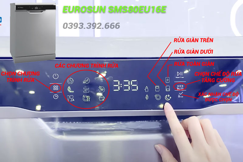 Cách dùng các nút ấn máy rửa bát Eurosun SMS80EU16E