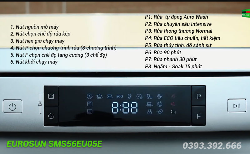 Các tính năng trên máy rửa bát EUROSUN SMS56EU05E