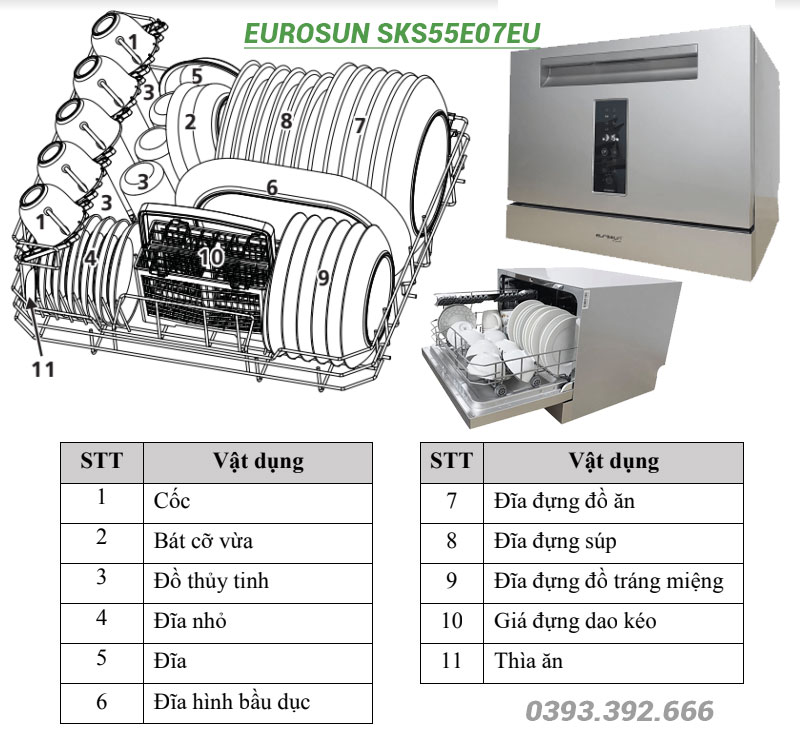 Cách xếp bát đĩa vào MRB Eurosun SKS55E07EU