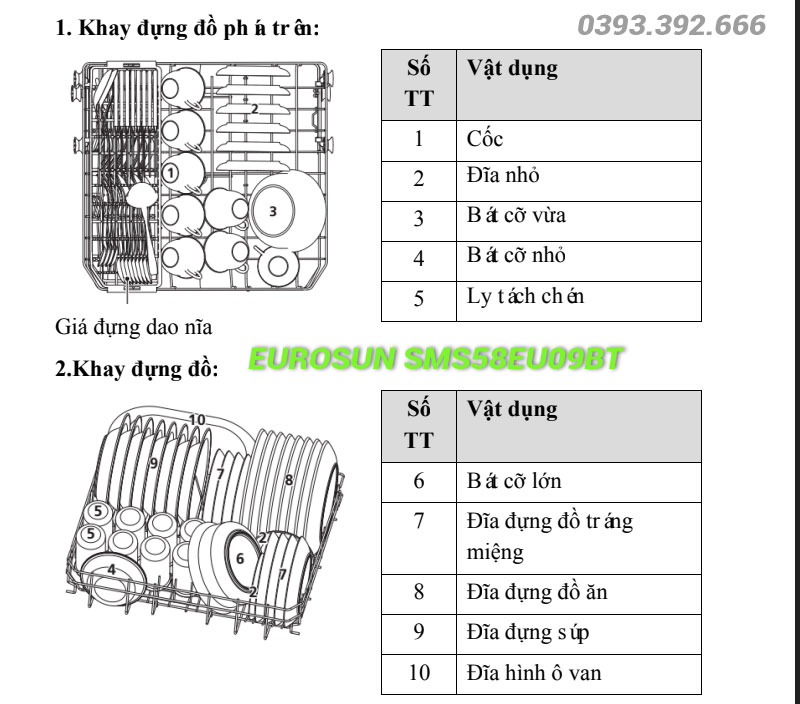 Cách xếp bát đĩa vào máy rửa bát Eurosun SMS58EU09BT