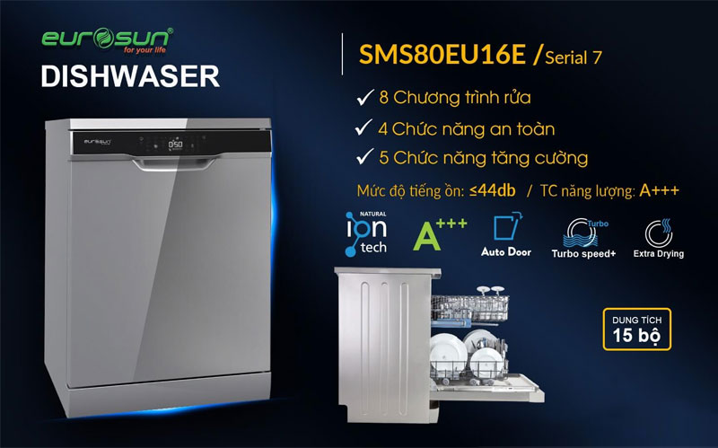 máy rửa bát EUROSUN SMS80EU16E dung tích 15 bộ bát đĩa