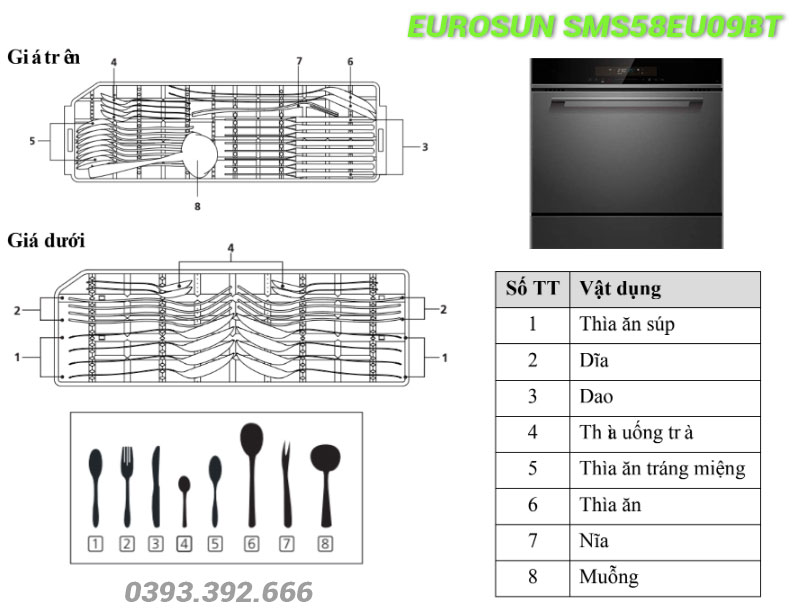 Cách xếp dao đũa vào Máy rửa bát EUROSUN SMS58EU09BT
